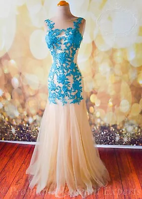 Teal Lace Prom 2022 Evening Pageant Formal Ball Gala Dress Wedding Gown Xl 12 • $159