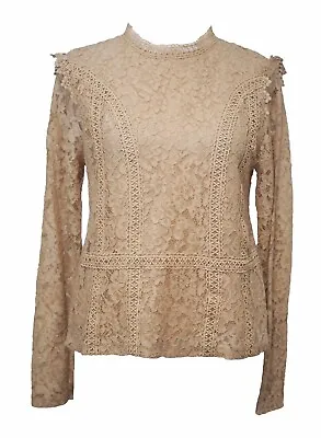 ZARA XS Nude Beige Lace Top Mock High Neck Long Sleeve Ruffle Embroidered Floral • $21.24