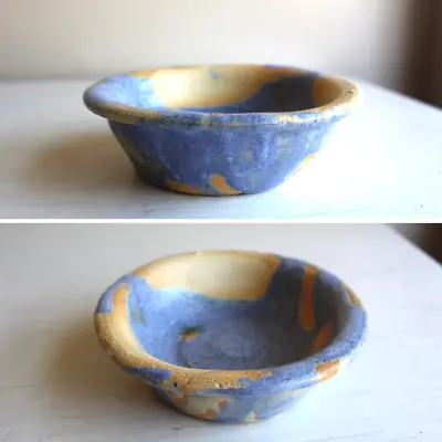 $14 • Buy Art Pottery Student Made Wheel Thrown Low Bowl Tan Blue Incised 1991 Emily DuBay