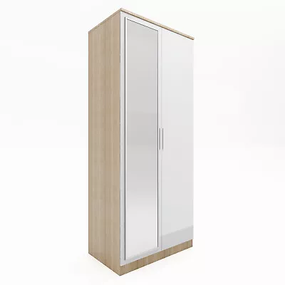 Multicolor 2 Door Wardrobe High Gloss Storage Hanging Rail Furniture With Mirror • £125