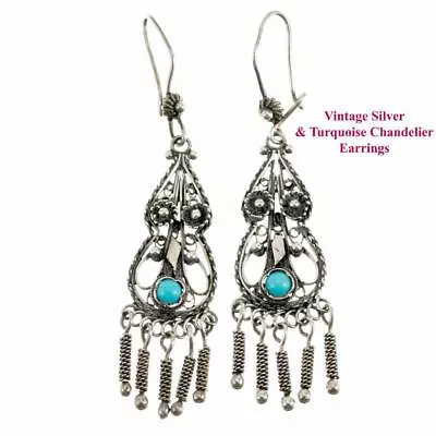 Vintage Mexican Turquoise Sterling Silver Dangles FRIDA KAHLO Owl Face Dangles • $179