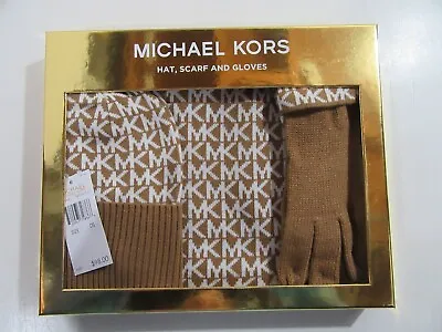 MICHAEL KORS 3 Piece Gloves Scarf Beanie Hat Dark Camel Cream Logo NWT NEW • $69.99