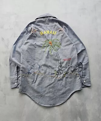 Vintage 1970s JCPenney Big Mac Embroidered Chambray Shirt Button-Up Hippie S • $43.62