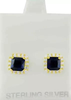 LAB CREATED 2.36 Cts BLUE & WHITE SAPPHIRES STUD EARRING .925 SILVER (yellow) • $0.99