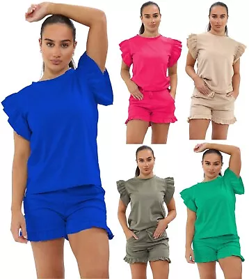 £14.99 • Buy Women's Frill Peplum Short Sleeve Top Ladies Shorts 2PCS Co Ord Set Tracksuit UK