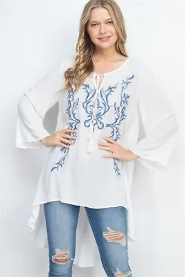 Blue And White Bohemian Embroidered Tunic Top Size Small Long  • $21.95