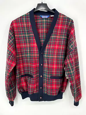 VTG Pendleton Sweater Mens Large Red Blue Cardigan 100% Wool Tartan Jacket USA • $124