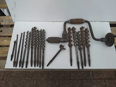 £25 • Buy Vintage Professional Woodworker's Hand Brace And 17 Auger Bits + Free Handdrill