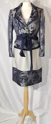 Coast Silver Silk Navy Floral Embroidered Dress & Jacket Suit Uk 12  • £60