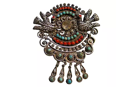 Vintage Large Matl Matilde Poulat Dove Silver Brooch W/ Turquoise & Coral Mexico • $400