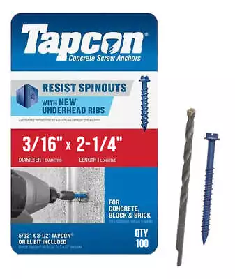 Tapcon 3/16  X 2-1/4  Hex Head Concrete Anchor Screws 3143407 | 100 Pack | Drill • £24.06