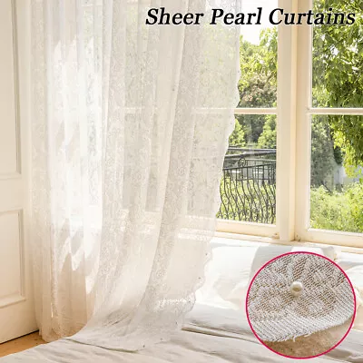 1/2 Panels White Lace Window Sheer Curtains Voile Net Drapes Pearl Rod Pocket • £8.75