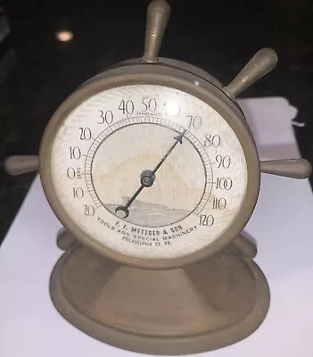 VINTAGE BRASS  Ships Wheel Desktop Advertising Thermometer Metzger Philadelphia • $9.99