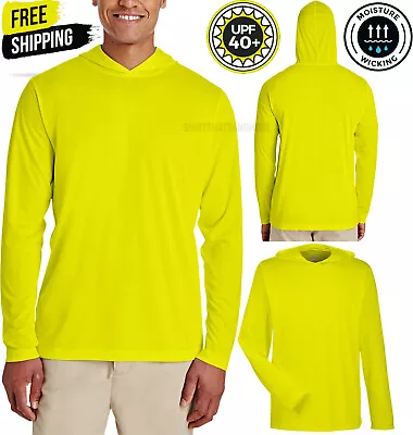 Mens Safety Yellow Moisture Wicking Hoodie T-Shirt Long Sleeve Hoody Tee UPF 40+ • $19.99