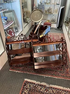 Pair Of Mid Century Mahogany Veneer And Mahogany Asian Themed Wall Shelves  • $850