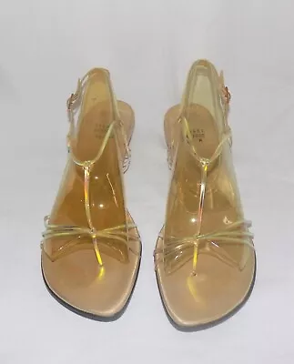 Stuart Weitzman Athena Mystic Vinyl T-Strap Slingback Low Wedge Thong Sandal 10M • $43.75