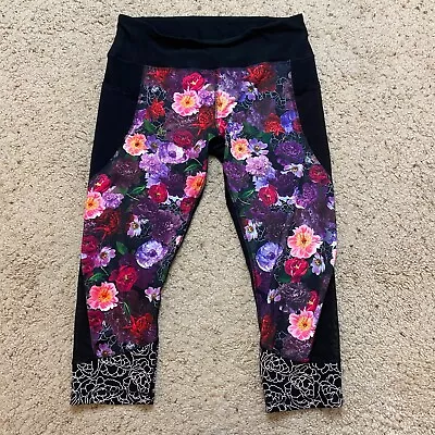 RBX Active Floral Crop Leggings Side Mesh Pockets Yoga XL Black • $16