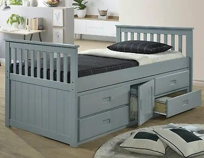 Grey Wooden Captains Storage Bed Frame - Hard Solid Wood - Single Childrens Beds • £399