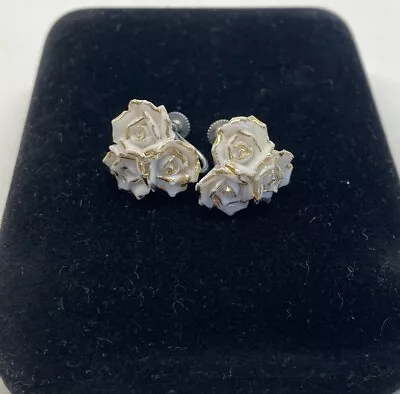 Vintage Screw Back Earrings White Roses Floral Golden Tones Ceramic Japan Made • $9.90