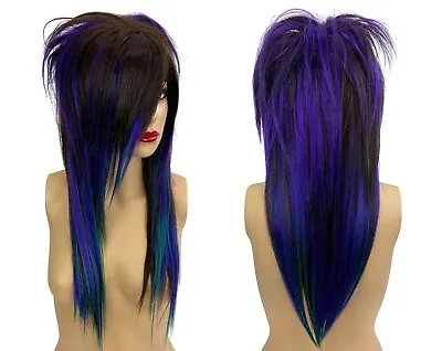 Brown Purple Green Mullet Emo Wigs Bangs Long Full Density Cosplay Rockabilly • $174.31