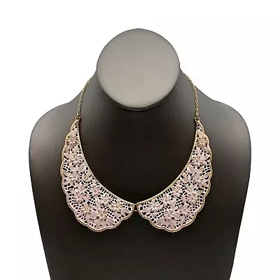 Vintage Gold Tone Pink Enamel Flower Design Lace Collar Panel Fashion Necklace • $24.99