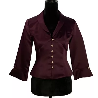 J.R. Nites 4P Button Down Shirt Blouse Solid Dark Purple 3/4 SL Casual Night Out • $33.56