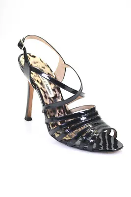 Manolo Blahnik Womens Patent Leather Strappy Open Toe Heels Black Size 38.5 8 • $158.59