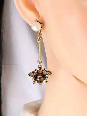 Boho Retro Bumble Bee Pearl Crystal Long Dangle  Enamel Earrings • $8.99