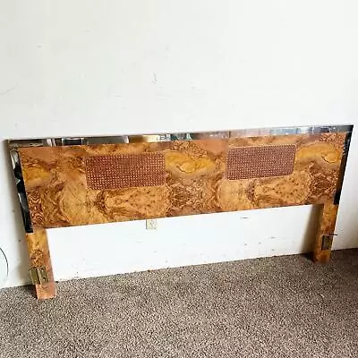 Mid Century Modern Burl Wood Laminate Cane And Chrome King Size Headboard • $495