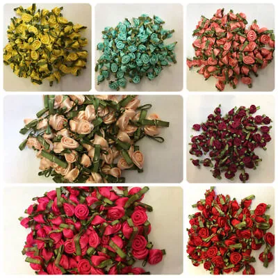 Satin Small Ribbon Roses Buds Embellishments All Colours GREEN LEAVES CRAFT • £1.99