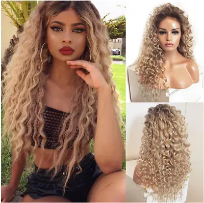 Long Ash Blonde Curly Wig Brown Roots Lace Front Wig Deep Wave Natural Line US • $37.19