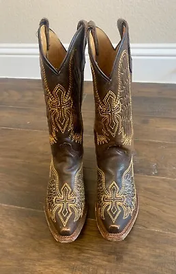 Teens CORRAL Boots Leather 4 Western Cowboy Girls Youth Cross Wings Brown Gold • $77.80