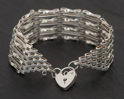 Vintage Sterling Silver Seven Bar Gate Bracelet Heart Padlock Clasp 23.34 Grams • £49.99