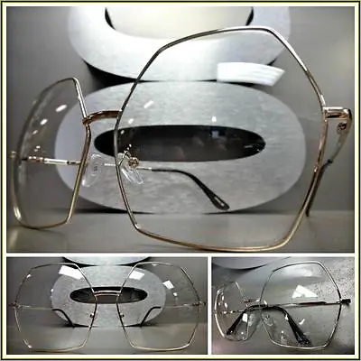 OVERSIZED VINTAGE RETRO Style Clear Lens EYE GLASSES Huge XL Gold Hexagon Frame • $13.99