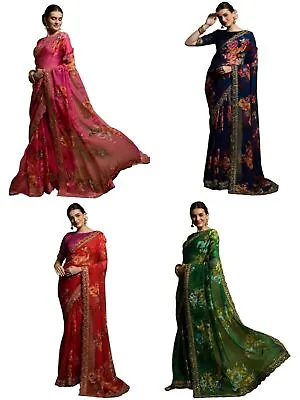 Women's Chiffon Printed & Lace Saree With Unstitched Blouse Piece • £25.43