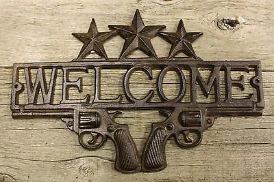 Cast Iron PISTOL WELCOME Plaque Sign Rustic Ranch Western Style Man Cave Cowboy • $12.99