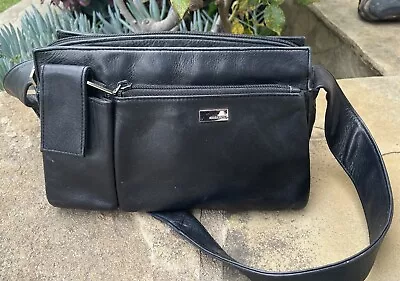 Vtg Perlina NY Soft Black Leather Crossbody Travel Shoulder Bag W/ Phone Pouch • $4.99