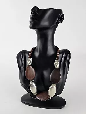 Vintage Statement Necklace Polished Wood & Silver Metal Boho Hippie Jewelry • $19.99