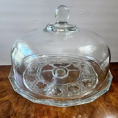 Vintage Embossed Floral Glass Cake Stand/Punch Bowl & Dome Lid W/Beveled Rim. • $48