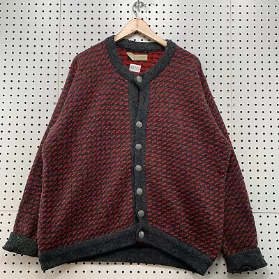 Vintage LL Bean Cardigan Button Sweater Mens XL Red Gray Wool Norway  25x28.5 • $59.99