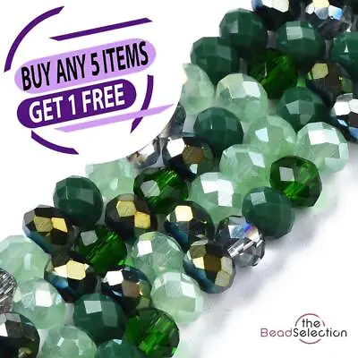 Faceted Glass Rondelle Round Beads Green Mixed Crystal 6mm 90+ 1 STRAND R5 • £3.49