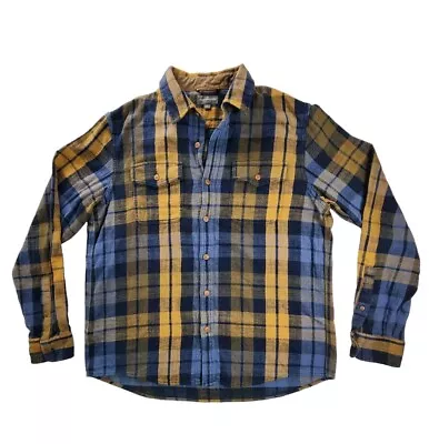 LL Bean Signature Mens Flannel Shirt Plaid Blue Yellow Pockets Slim Fit Size L • $21.24