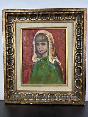 Oil Painting Of Portrait Young Girl Crying Ornate Gilt Wood Frame Folk Art VTG • $47.99