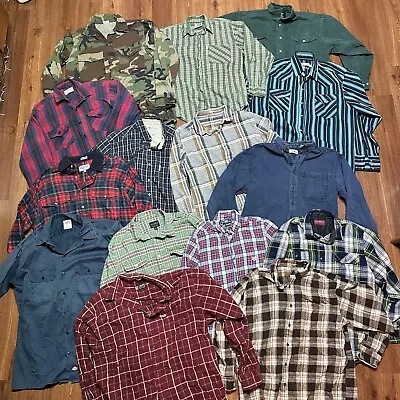 Lot Of 14 Men's Vintage Flannel Plaid Long Sleeve Shirts Wholesale Bundle • $115