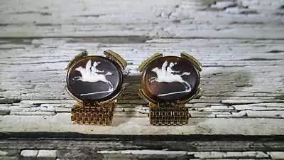 Vintage 1960's Incolay Stone Cameo Mythology Cuff Links - Pegasus & Bellerophon • $46