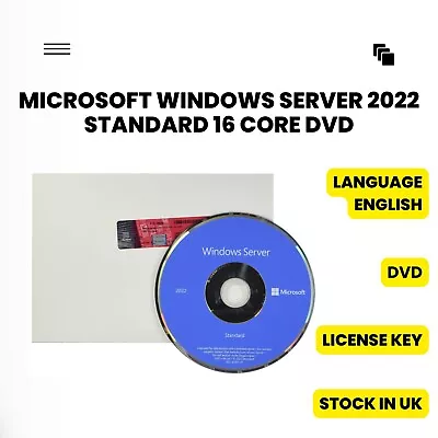 Microsoft Windows Server 2022 Standard 16 Core DVD. License Key. Best Value! • £29.99