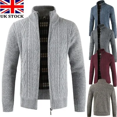 UK Mens Fleece Lined Zip Up Cable Knitted Wool Blend Jumper Cardigan Warm Winter • £18.99
