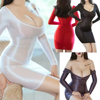 $4.69 • Buy Womens Deep V-Neck Glossy Bodycon Mini Dress Cocktail Party Dress Sheer Lingerie