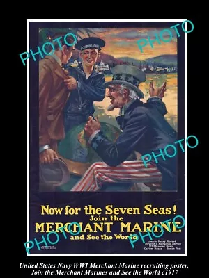 OLD LARGE HISTORIC PHOTO OF WWI USA NAVY MERCHANT MARINE RECRUITING POSTER C1917 • $5.47