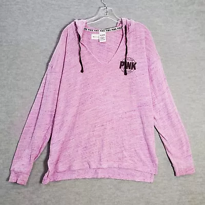 PINK Victoria's Secret Women Sweatshirt Medium Pink Logo Hoodie V Neck READ • $14.88